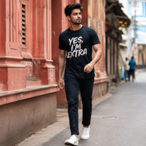 Men wearing Yes I'm Extra attitude printed t-shirt on Kolkata street — Weavora Bold Type collection